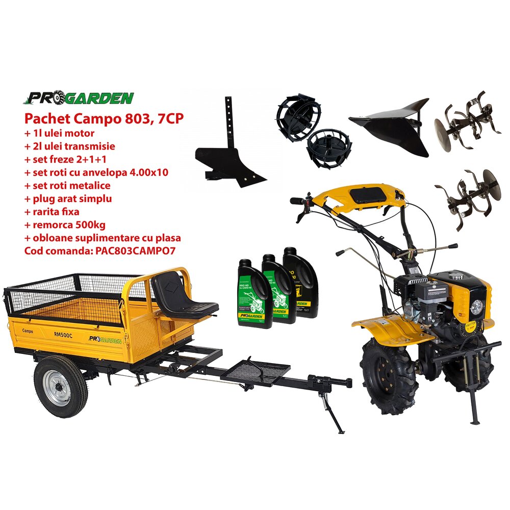 Pachet motocultor Progarden Campo 803, benzina, 7.5CP, 2+1 trepte, 2+1+1 freze, plug bilonat, remorca 500kg, accesorii PS1, ulei motor si transmisie incluse