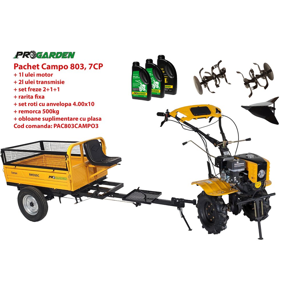 Pachet motocultor Progarden Campo 803, benzina, 7.5CP, 2+1 trepte, 2+1+1 freze, plug bilonat, remorca 500kg, ulei motor si transmisie incluse