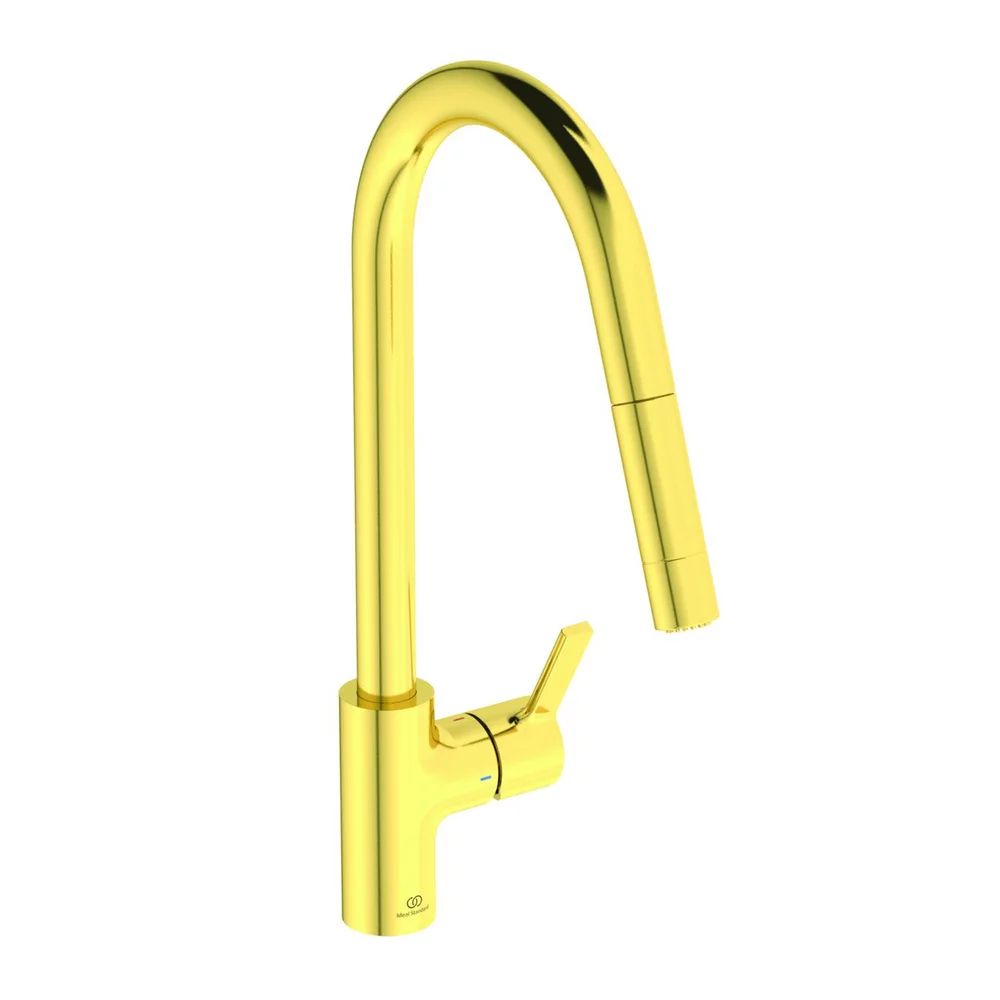 Baterie bucatarie cu dus extactibil Ideal Standard Gusto 233 auriu periat 2 tipuri de jet