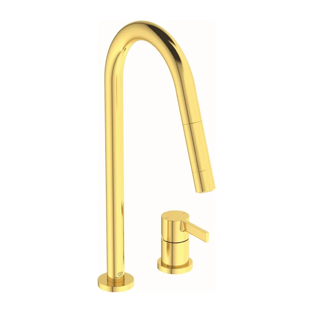 Baterie bucatarie cu dus extactibil Ideal Standard Gusto 242 auriu periat 2 tipuri de jet