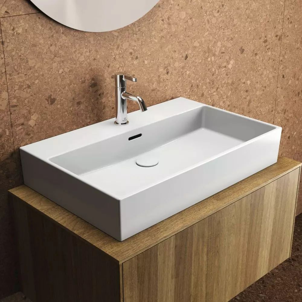 Dulap baza suspendat Ideal Standard Atelier Conca finisaj nuc inchis 1 sertar si blat cu decupaj central 80 cm