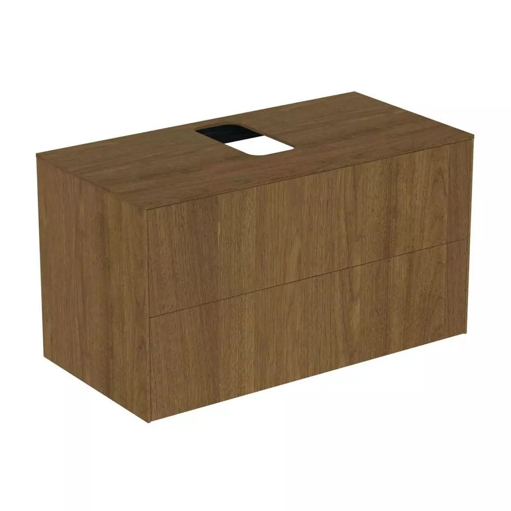 Dulap baza suspendat Ideal Standard Atelier Conca finisaj nuc inchis 2 sertare si blat cu decupaj central 100 cm