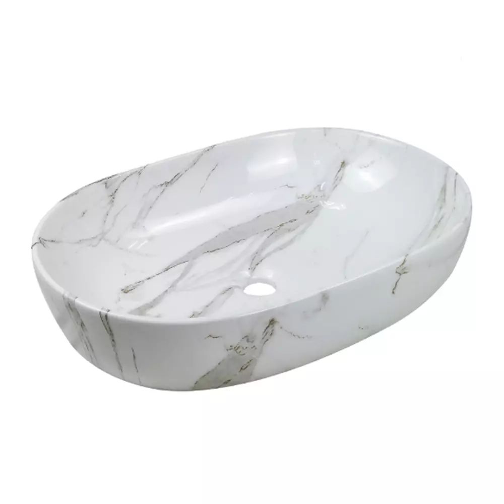 Lavoar pe blat Invena Korfu oval 60 cm alb finisaj marmura