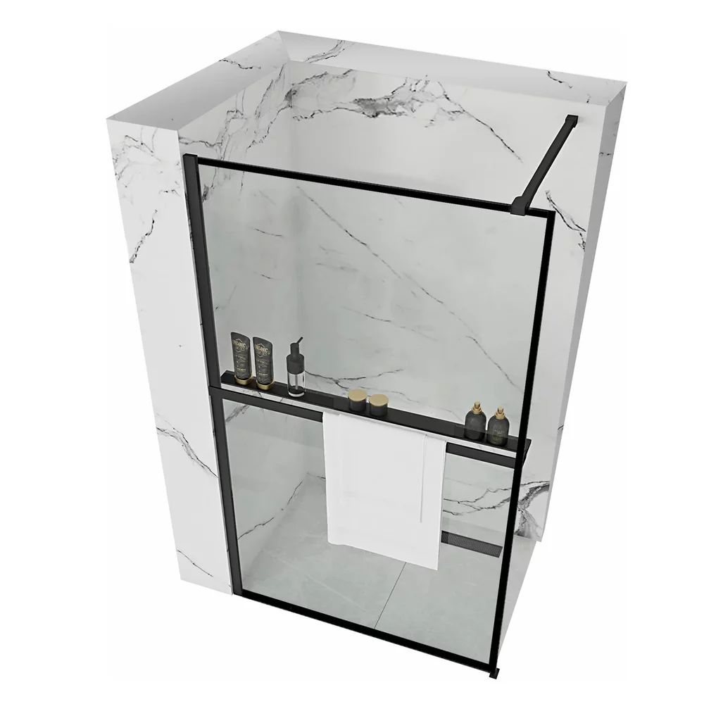 Paravan de dus tip Walk-in Rea Bler 110x195 cm si etajera cu suport negru