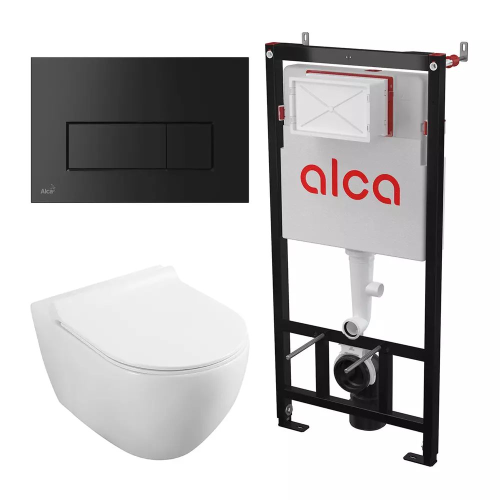 Set rezervor WC cu cadru incastrat Alca AM101/1120 si clapeta M578 negru mat plus vas WC Fluminia Minerva cu capac softclose alb