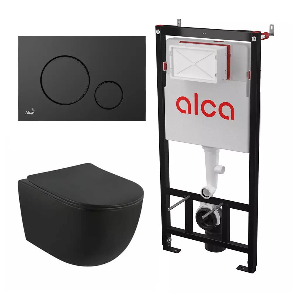 Set rezervor WC cu cadru incastrat Alca AM101/1120 si clapeta M678 negru plus vas WC Fluminia Minerva cu capac softclose