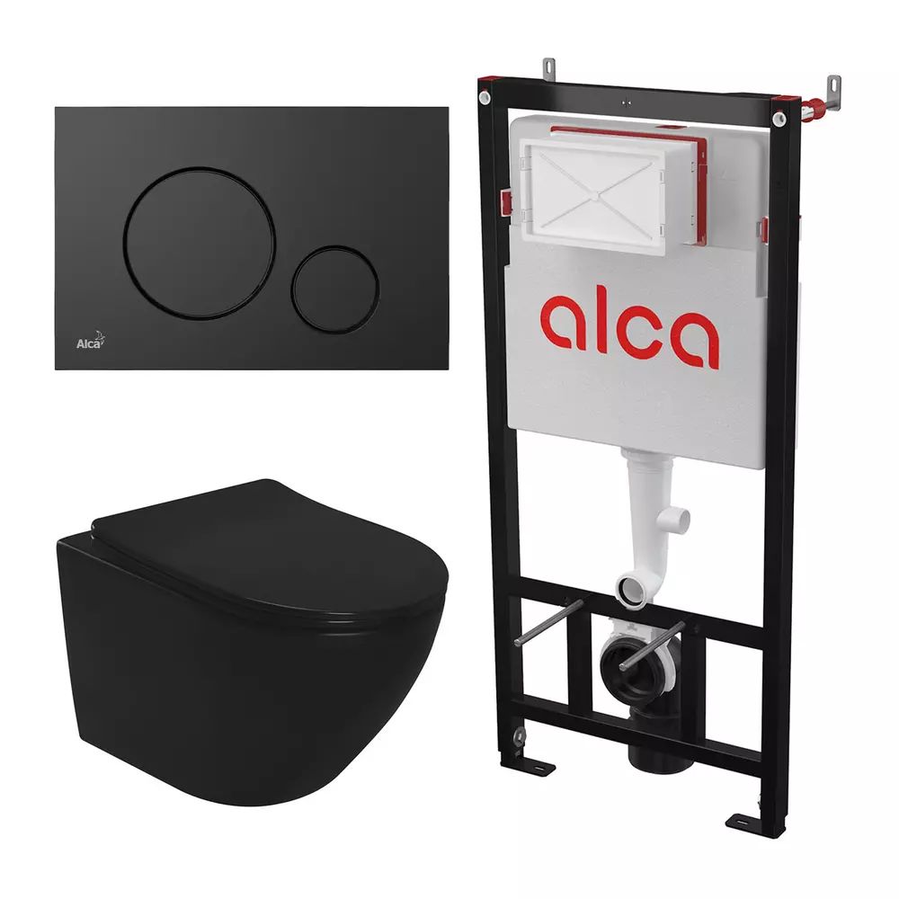 Set rezervor WC cu cadru incastrat Alca AM101/1120 si clapeta M678 negru mat plus vas WC Rea Carlo Mini cu capac softclose