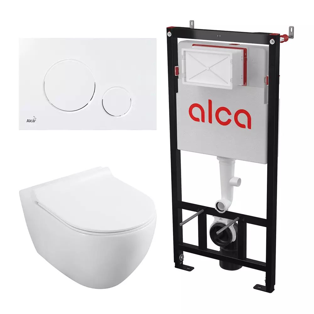 Set rezervor WC cu cadru incastrat Alca AM101/1120 si clapeta M676 alb mat plus vas WC Fluminia Minerva cu capac softclose alb