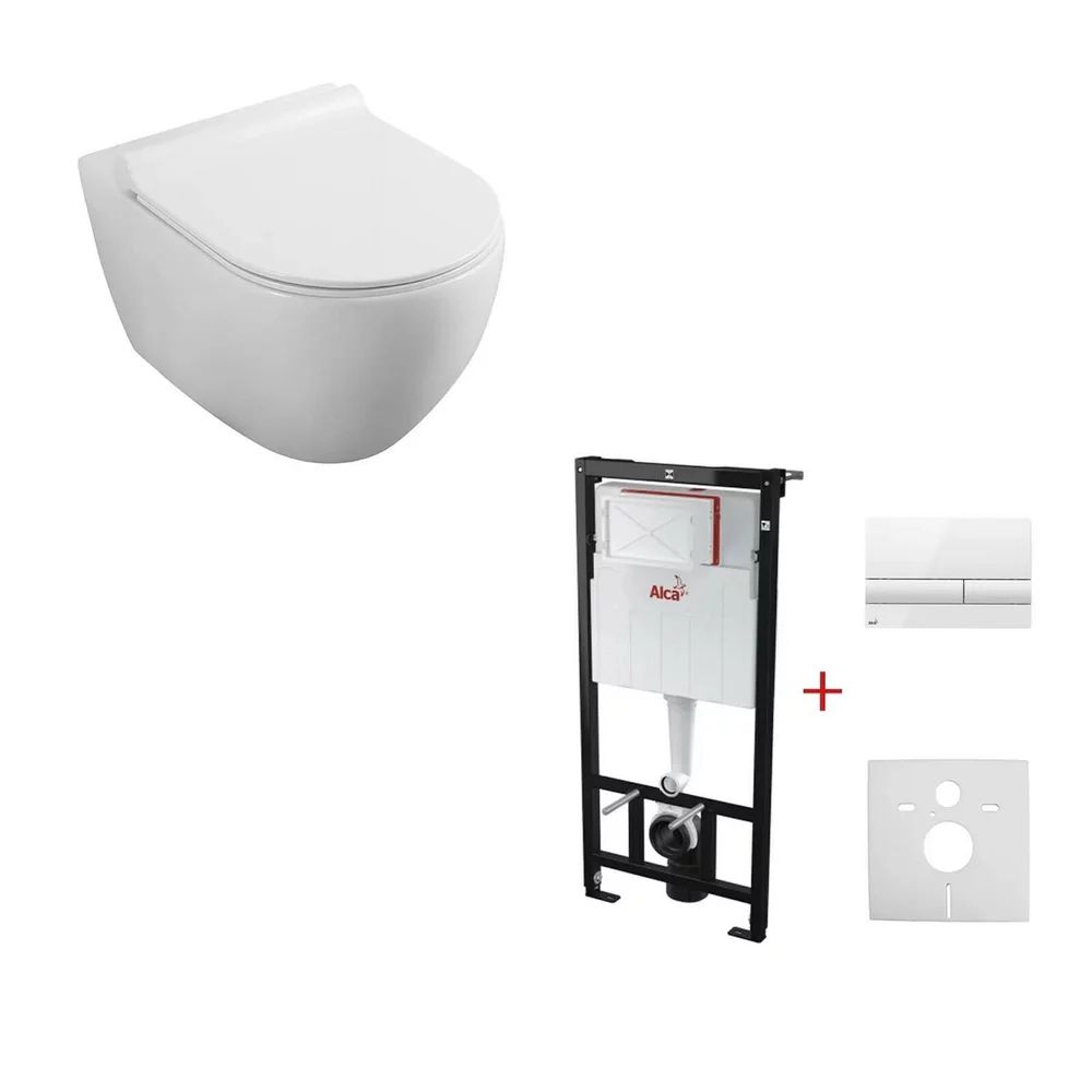 Set rezervor incastrat Alcadrain cu clapeta si vas wc suspendat Fluminia Minerva cu capac softclose