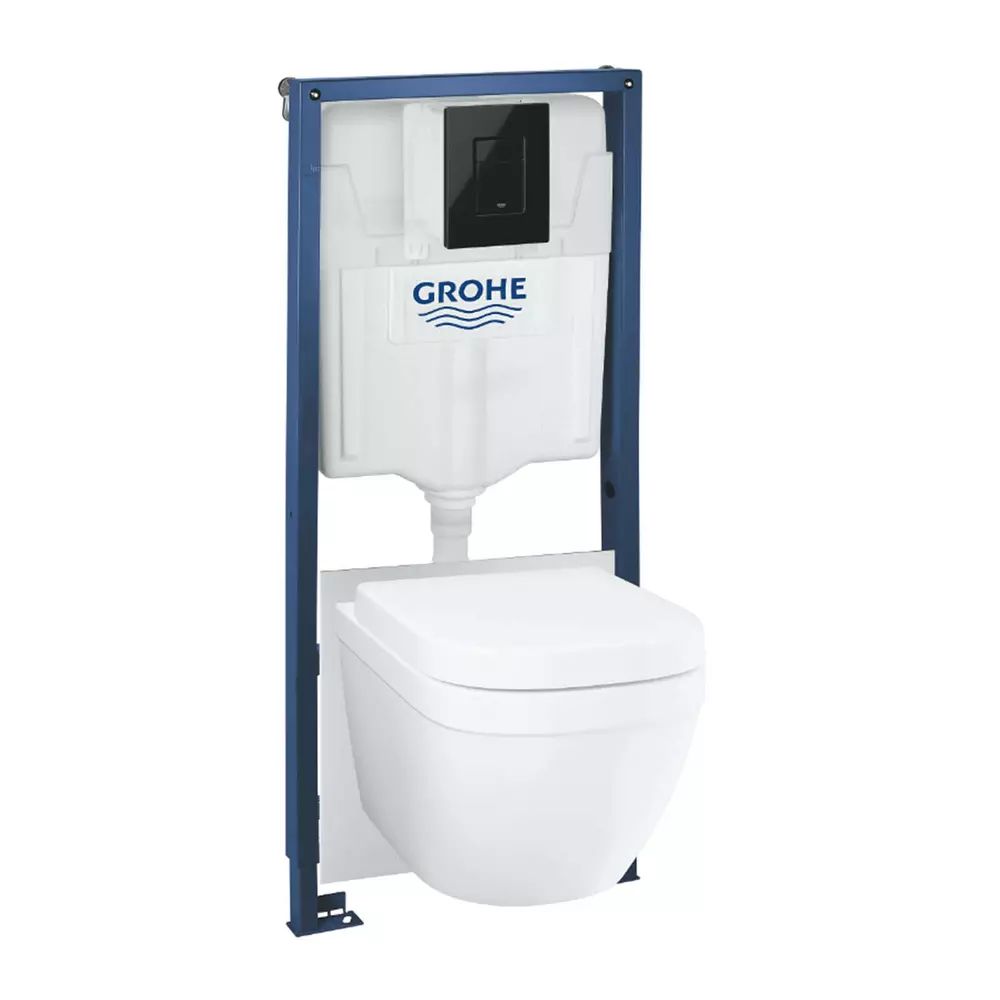Set vas WC suspendat cu capac Grohe Euro Ceramic rezervor incastrat Solido 5 in 1 cu clapeta neagra Skate Cosmopolitan