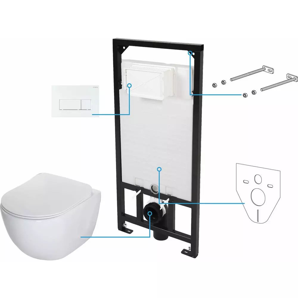 Set vas WC suspendat Deante Peonia Zero alb cu cadru de toaleta, rezervor ascuns si buton de actiune alb