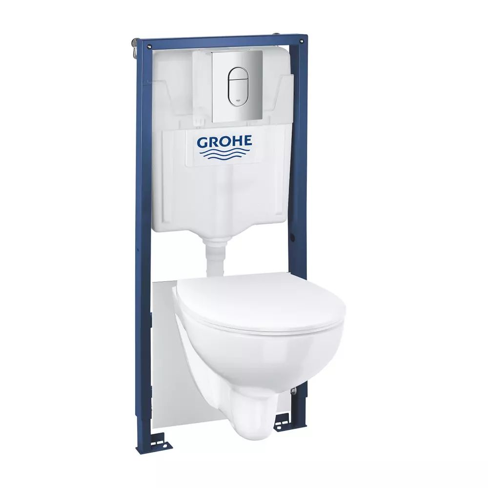 Set vas WC suspendat Grohe Solido 5 in 1 rezervor incastrat cu clapeta crom Arena si capac Bau Ceramic