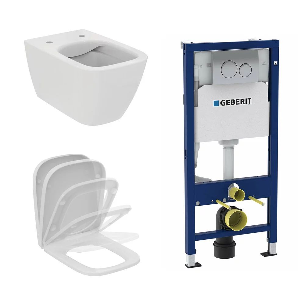 Set vas wc suspendat Ideal Standard I.life B alb cu capac si rezervor cu cadru incastrat si clapeta