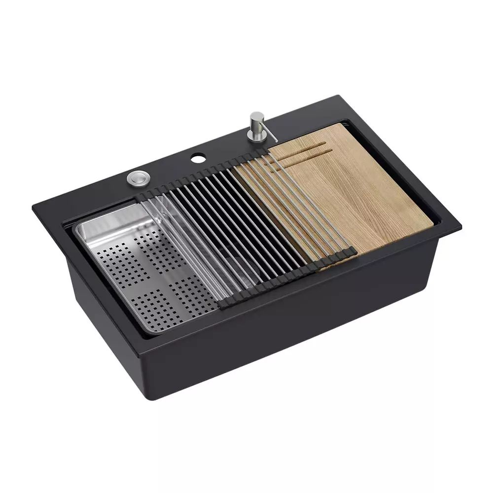 Statie de lucru incastrata cu dozator sapun Quadron Unique Marc negru carbon - inox 76x50 cm
