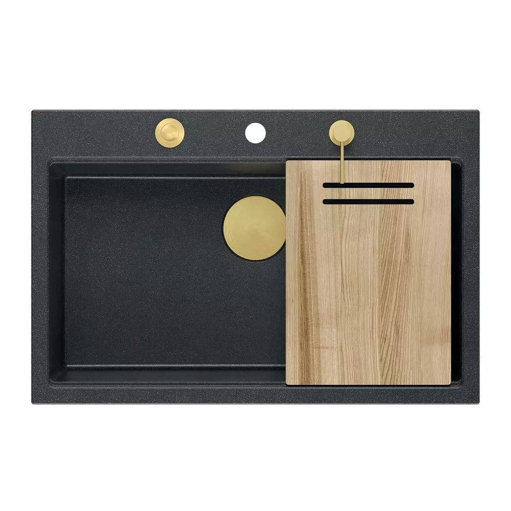 Statie de lucru incastrata cu dozator sapun Quadron Unique Marc negru diamant - auriu 76x50 cm