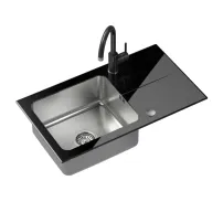 Set chiuveta bucatarie Quadron Pop Hugh 111 si baterie Naomi finisaj inox - negru 77x44 cm