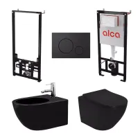 Set rezervor WC cu cadru incastrat Alca AM101/1120 si clapeta M678 negru plus vas WC Rea Carlo cu capac negru si bideu cu cadru