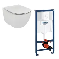 Set vas wc Ideal Standard Tesi AquaBlade cu capac soft close si rezervor Grohe cu clapeta alba Skate Air