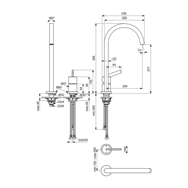 Baterie bucatarie Ideal Standard Gusto Square 217 crom lucios 2 elemente picture - 3