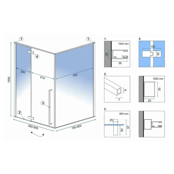 Cabina de dus dreptunghiulara Rea Fargo cu usa batanta 80x100 negru mat picture - 2