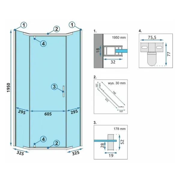 Cabina de dus pentagonala Rea Axin cu usa pivotanta 80x80 crom picture - 2