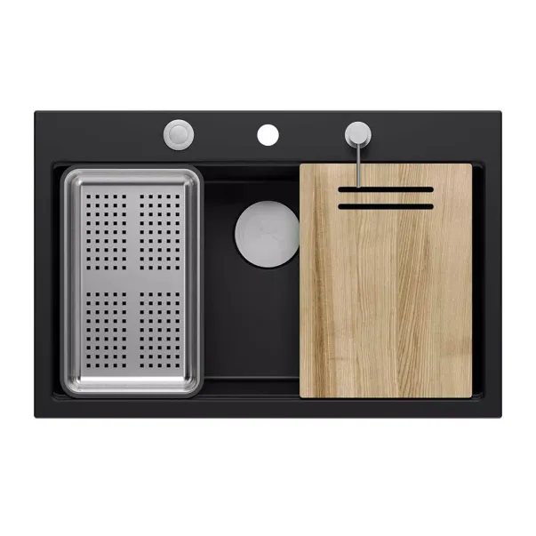 Statie de lucru incastrata cu dozator sapun Quadron Unique Marc negru carbon - inox 76x50 cm picture - 2
