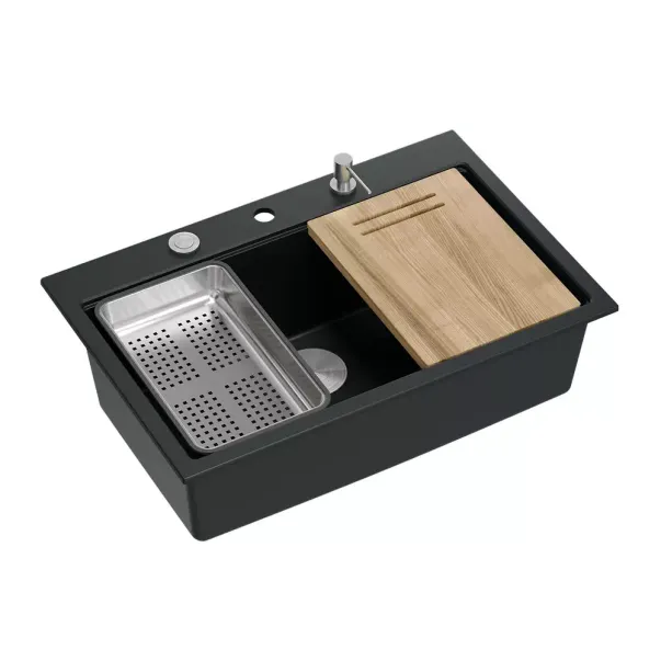 Statie de lucru incastrata cu dozator sapun Quadron Unique Marc negru carbon - inox 76x50 cm picture - 9