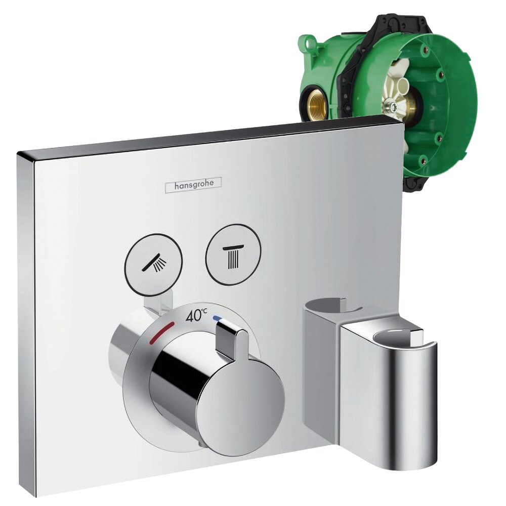 Set promo baterie dus termostatata Hansgrohe ShowerSelect cu 2 functii si agatatoare dus, montaj incastrat + iBox Hansgrohe