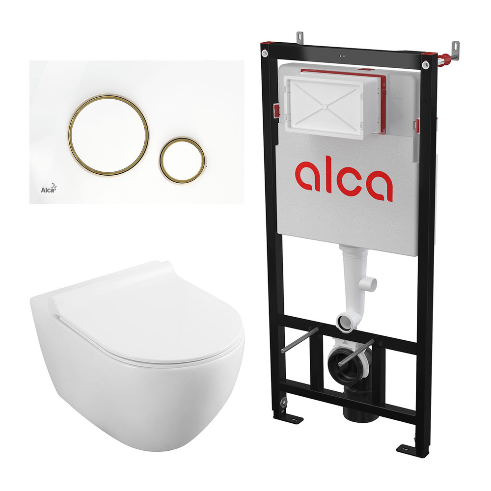 Set rezervor WC cu cadru incastrat Alcadrain AM101/1120 si clapeta M775 alb plus vas WC Fluminia Minerva cu capac softclose alb Alb