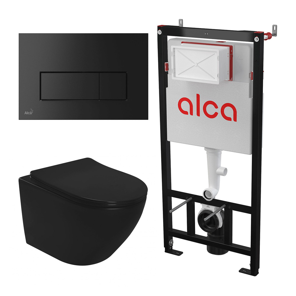 Set rezervor WC cu cadru incastrat Alcadrain AM101/1120 si clapeta de actionare M578 negru mat plus vas WC Rea Carlo cu capac softclose actionare