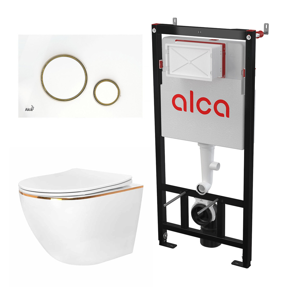 Set rezervor WC cu cadru incastrat Alcadrain AM101/1120 si clapeta M775 alb plus vas WC Rea Carlo cu capac softclose alb Alb