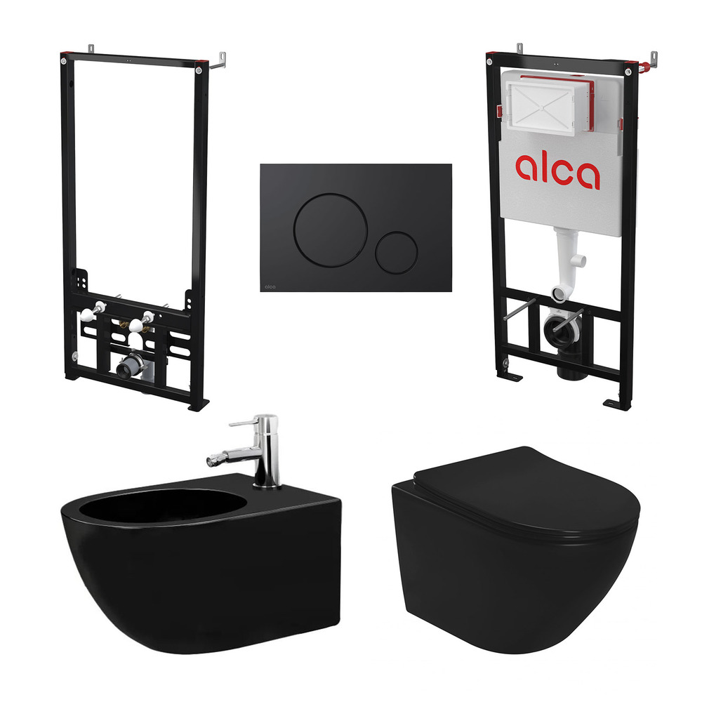 Set rezervor WC cu cadru incastrat Alcadrain AM101/1120 si clapeta M678 negru plus vas WC Rea Carlo cu capac negru si bideu cu cadru Alcadrain