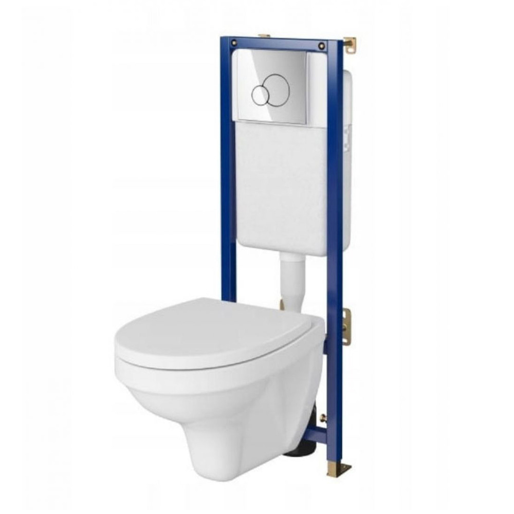 Set rezervor WC cu cadru B595 Cersanit Tech Line Base si clapeta Circle crom plus vas WC Delfi cu capac alb alb