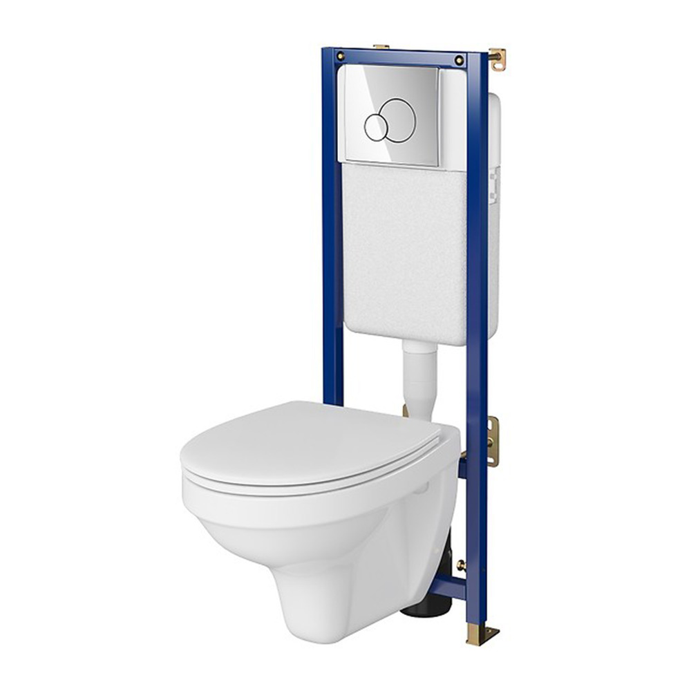 Set rezervor WC cu cadru B596 Cersanit Tech Line Base si clapeta Circle crom plus vas WC Delfi cu capac alb Alb