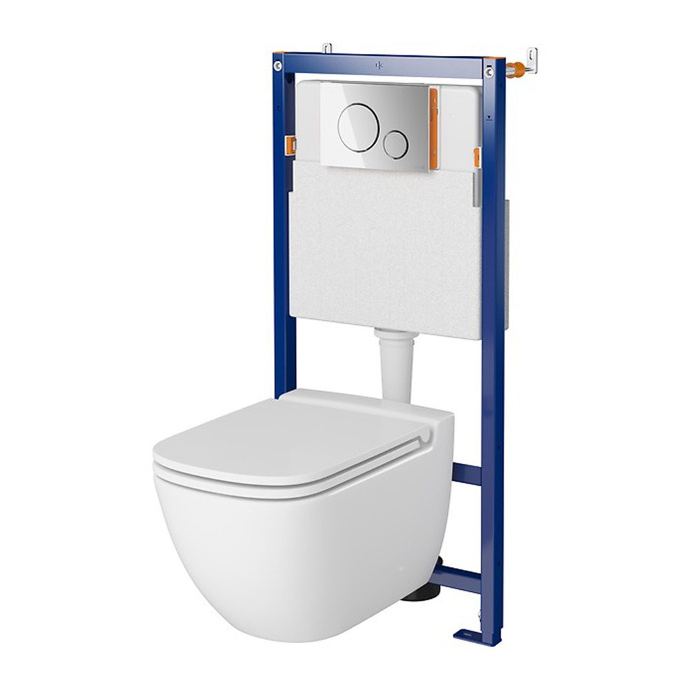 Set rezervor WC cu cadru B605 Cersanit Tech Line Opti si clapeta B2 crom plus vas WC Caspia cu capac alb alb