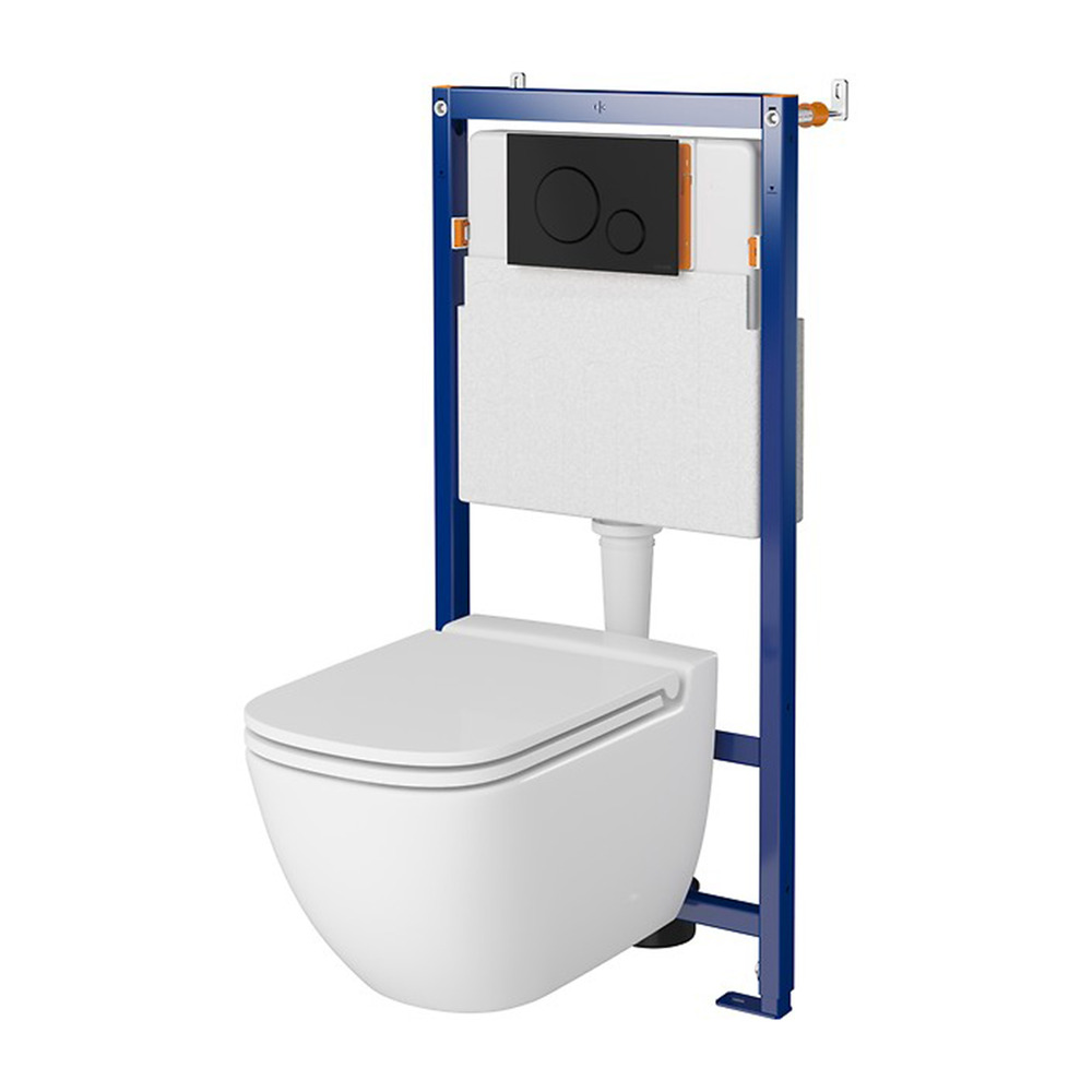 Set rezervor WC cu cadru B627 Cersanit Tech Line Opti si clapeta B2 negru plus vas WC Caspia cu capac alb Alb imagine 2022