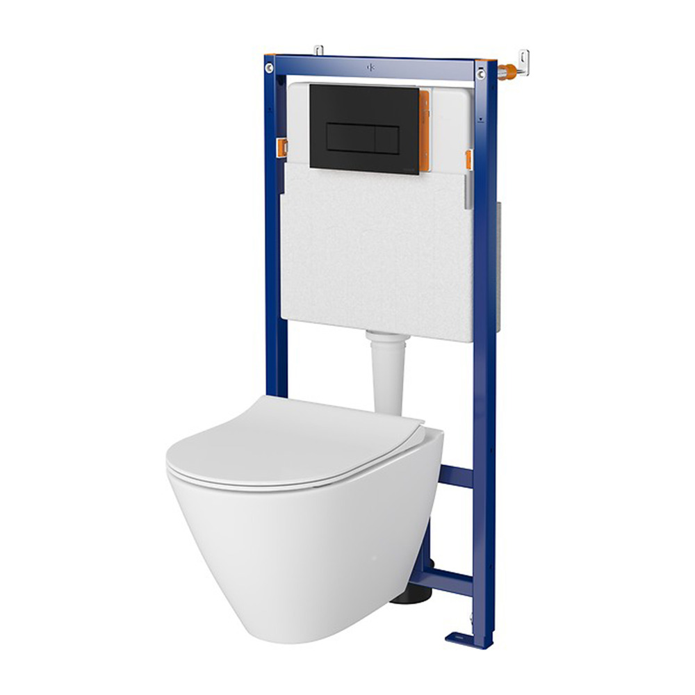 Set rezervor WC cu cadru B628 Cersanit Tech Line Opti si clapeta B1 negru plus vas WC City cu capac alb alb