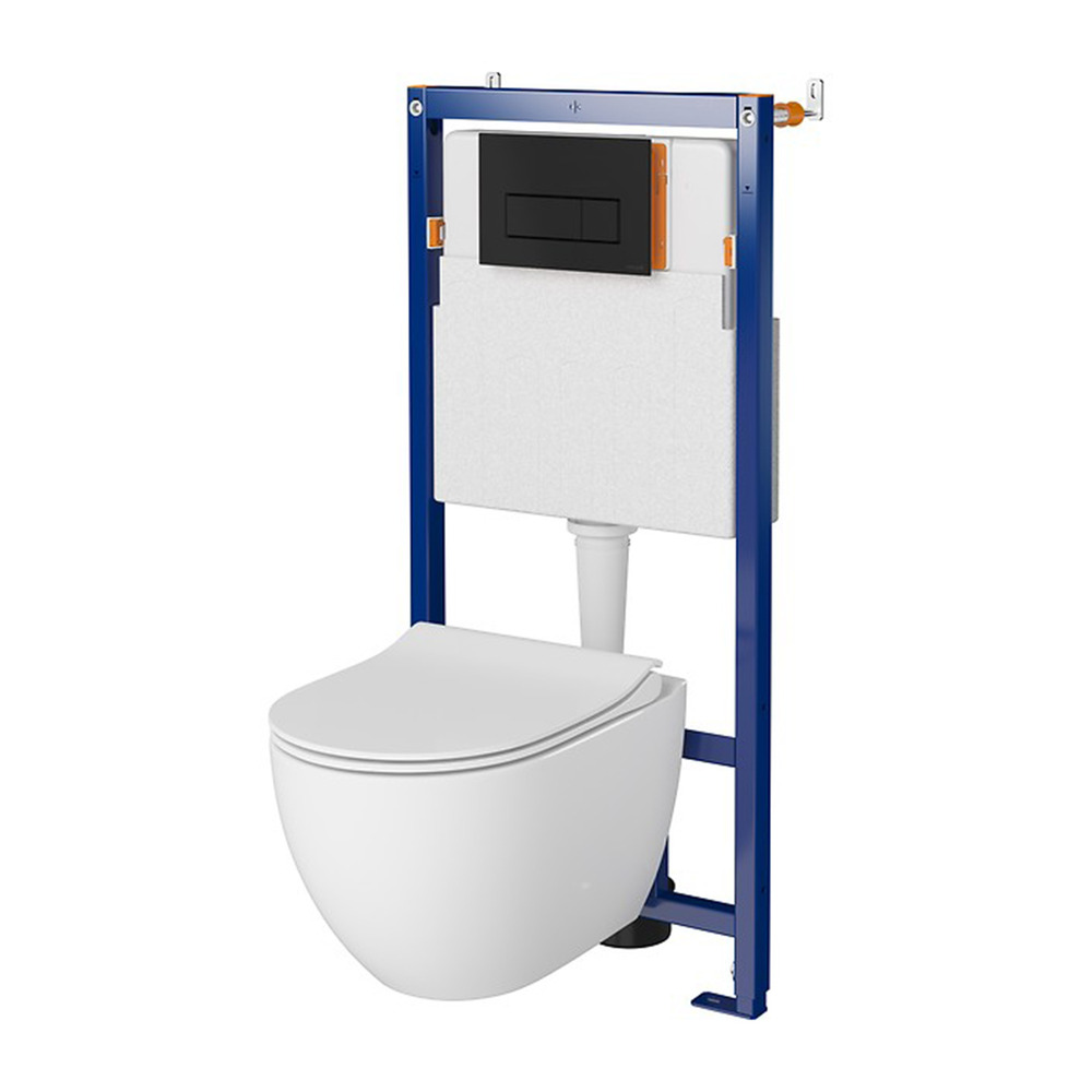 Set rezervor WC cu cadru B630 Cersanit Tech Line Opti si clapeta B1 negru plus vas WC Zen cu capac alb alb