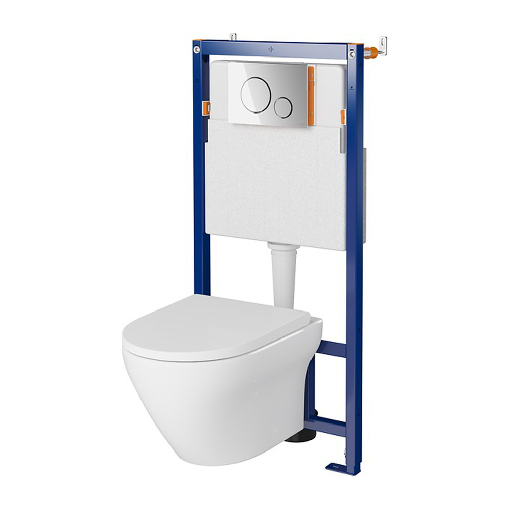 Set rezervor WC cu cadru B640 Cersanit Tech Line Opti si clapeta B2 crom plus vas WC Larga cu capac alb alb