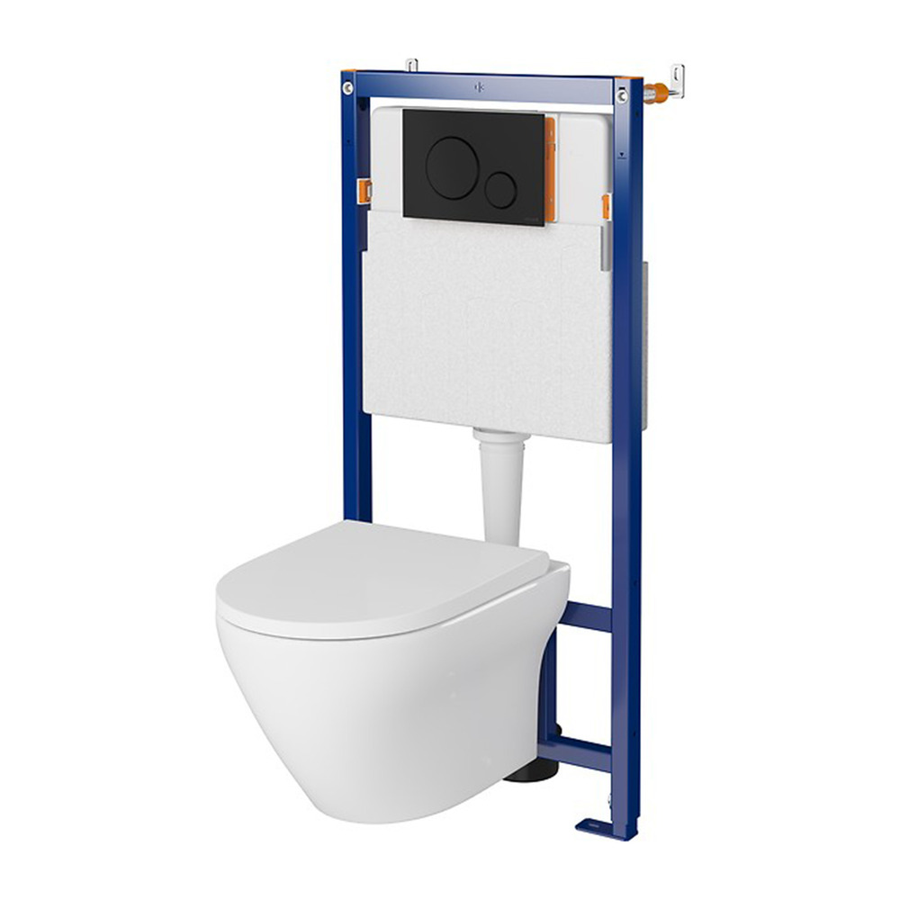 Set rezervor WC cu cadru B641 Cersanit Tech Line Opti si clapeta B2 negru plus vas WC Larga cu capac alb alb