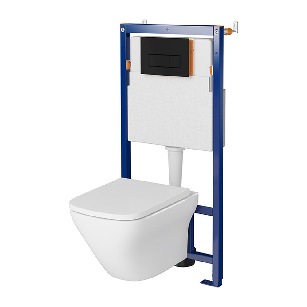 Set rezervor WC cu cadru B643 Cersanit Tech Line Opti si clapeta B1 negru plus vas WC Larga cu capac alb alb
