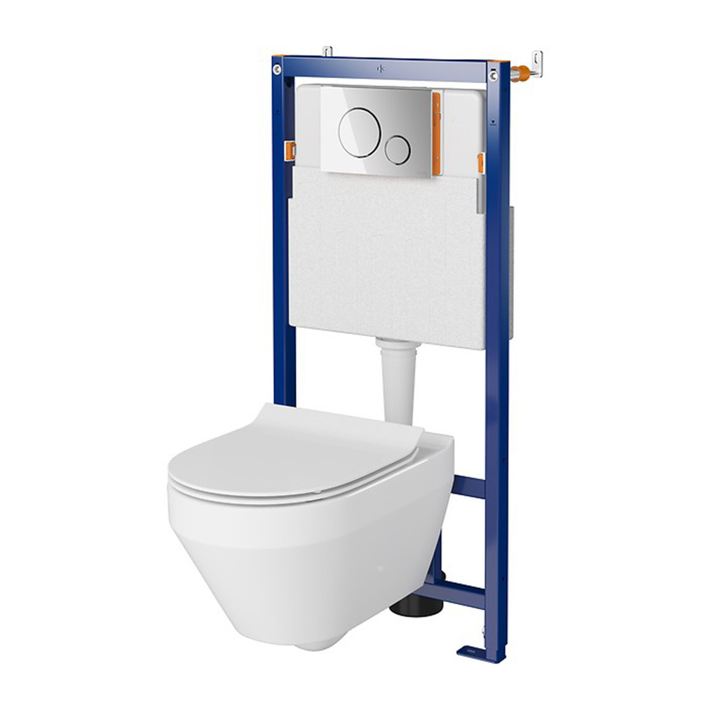 Set rezervor WC cu cadru B645 Cersanit Tech Line Opti si clapeta B2 negru plus vas WC Crea cu capac alb alb
