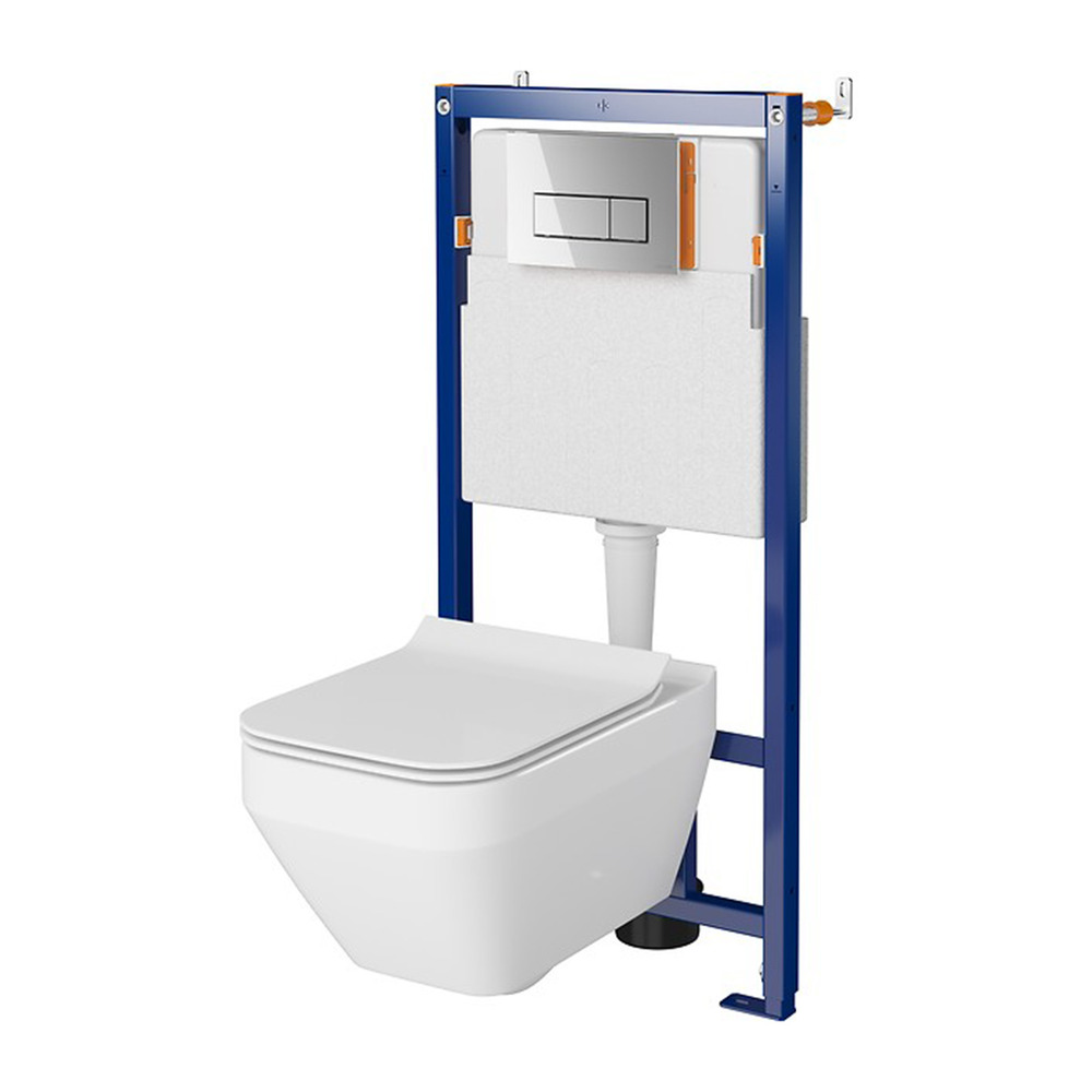 Set rezervor WC cu cadru B646 Cersanit Tech Line Opti si clapeta B1 crom plus vas WC Crea cu capac alb alb