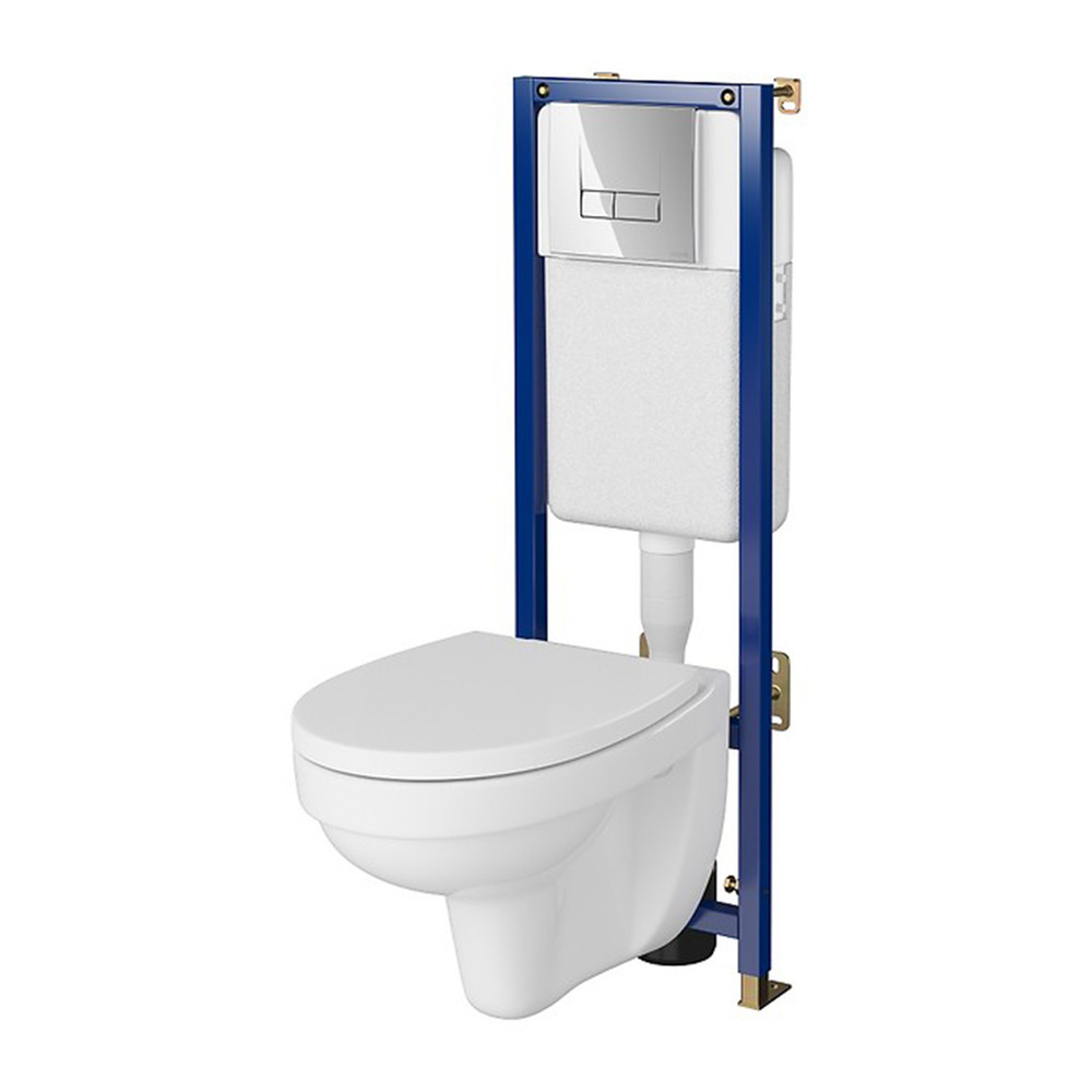 Set rezervor WC cu cadru B677 Cersanit Tech Line Base si clapeta Smart crom plus vas WC Cersania cu capac alb alb