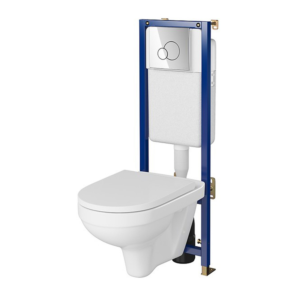 Set rezervor WC cu cadru B680 Cersanit Tech Line Base si clapeta Circle crom plus vas WC Zip cu capac alb alb