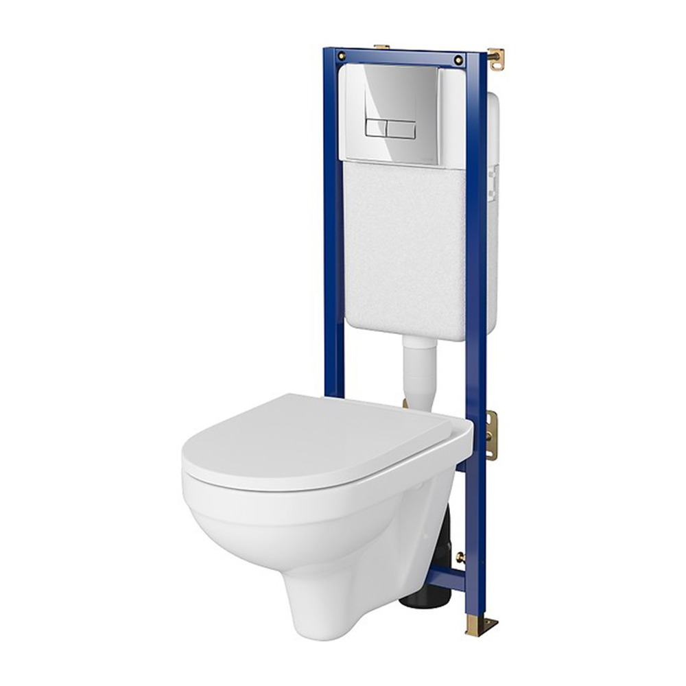 Set rezervor WC cu cadru B681 Cersanit Tech Line Base si clapeta Smart crom plus vas WC Zip cu capac alb alb