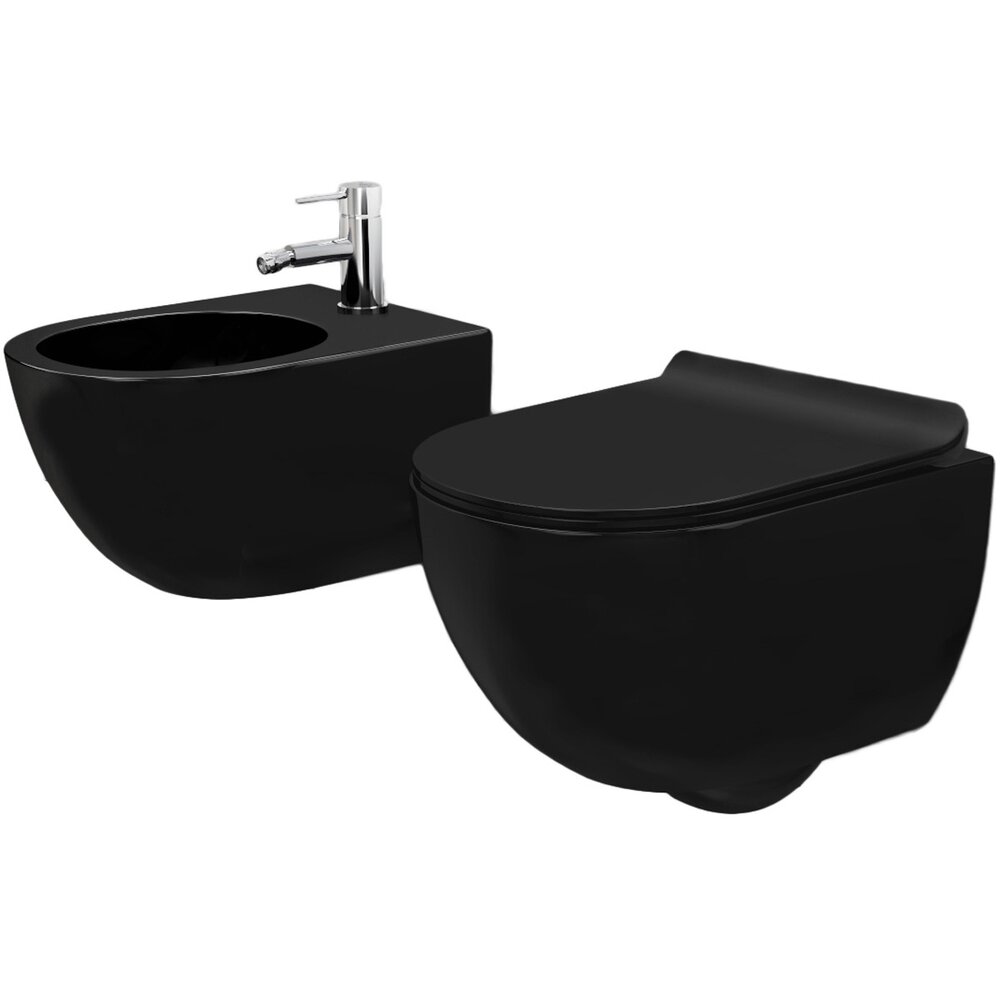 Set vas wc negru mat suspendat capac slim softclose si bideu Rea Carlo Mini Baie