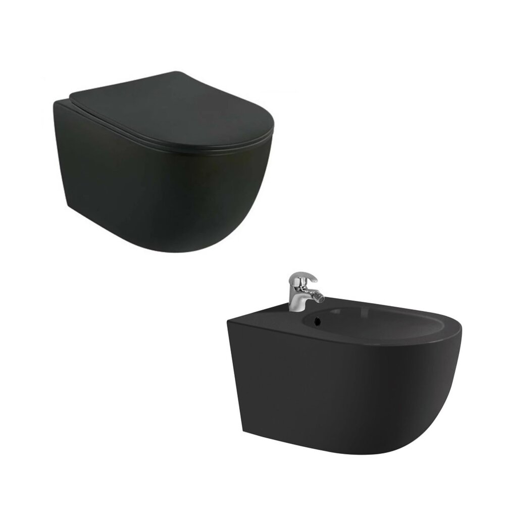Set vas wc rimless cu capac softclose si bideu Fluminia Minerva negru mat Fluminia