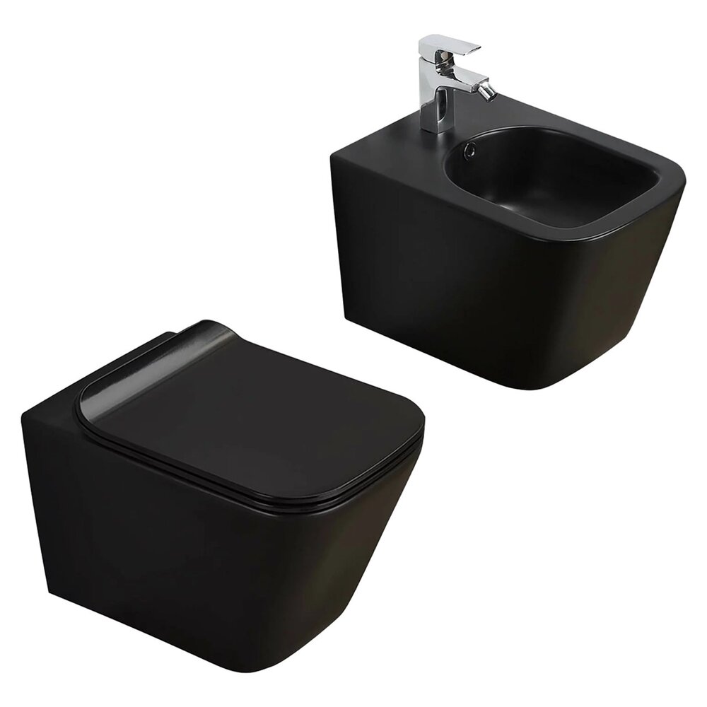 Set vas wc rimless suspendat Fluminia Paris cu capac softclose negru mat + bideu suspendat Fluminia Paris negru mat baie