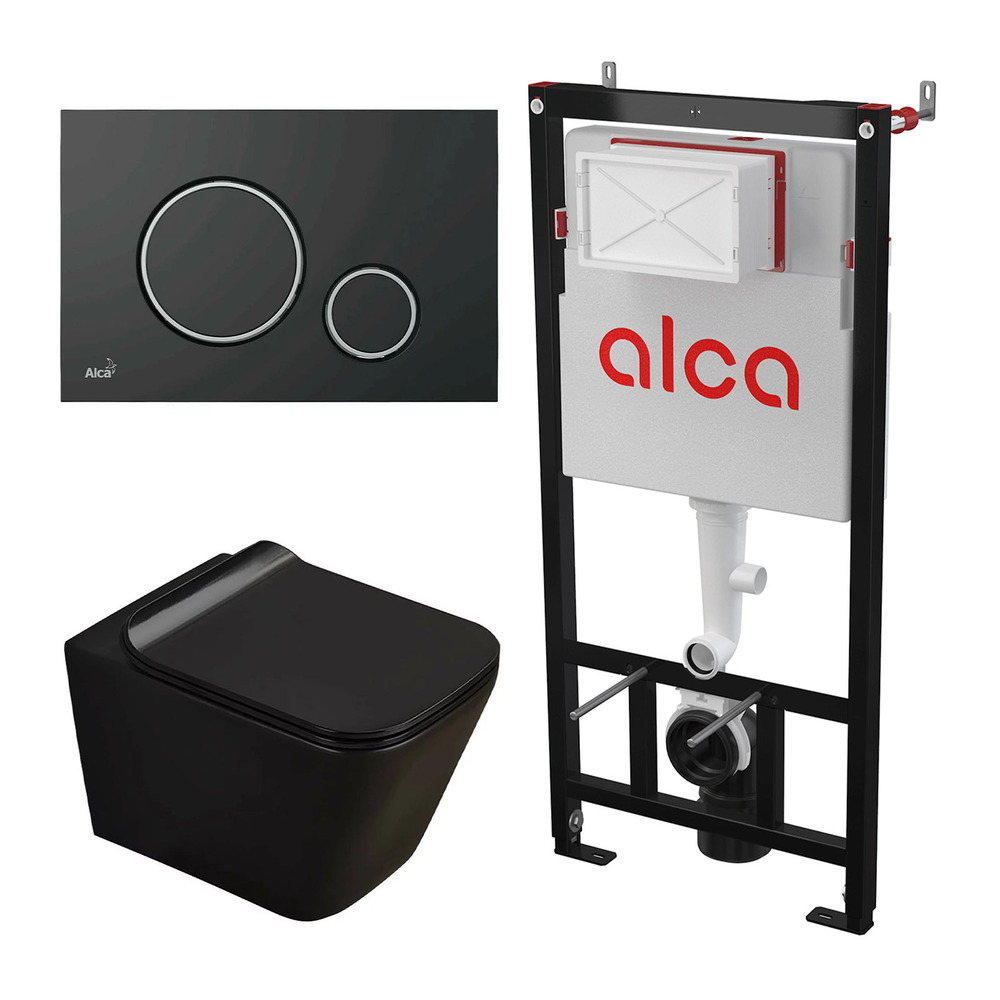 Set rezervor WC cu cadru incastrat Alcadrain AM101/1120 si clapeta M778 negru plus vas WC Fluminia Paris cu capac softclose
